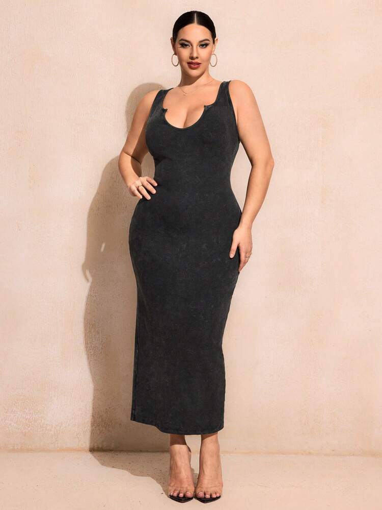 Plus Size High-Stretch Soft Fabric V-Neck Bodycon Dress With Hip Package