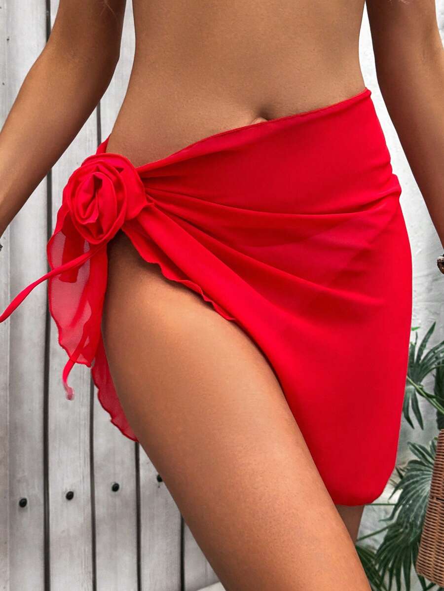 SHEIN Swim 1 bộ áo choàng và váy midi họa tiết hoa 3D trơn 2025 dành cho nữ, dùng cho kỳ nghỉ hè - Đỏ - Xem 1