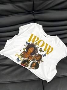 SHEIN EZwear 女士夏季街头休闲针织图案健身白色宽松短款衬衫背心 - 白色 - 查看 7