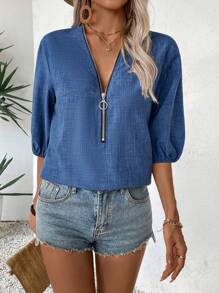 SHEIN LUNE Camisa casual azul de manga corta con cierre de cremallera