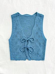 Soleia Solid Color Knitted Sweater Vest With Tie, For Vacation & Leisure - Blue - View 4