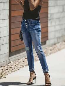 女士秋季做旧纽扣门襟修身牛仔裤