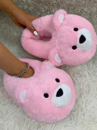 秋冬季女士家用轻便防滑粉色刺绣小熊全包毛绒拖鞋，保暖又有趣