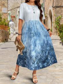 EMERY ROSE Plus Size Summer Contrast Floral Short Sleeve Dress