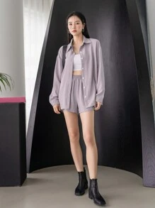 DAZY 女士两件套：纯色纹理休闲商务衬衫和短裤 - 淺灰紫 - 查看 8