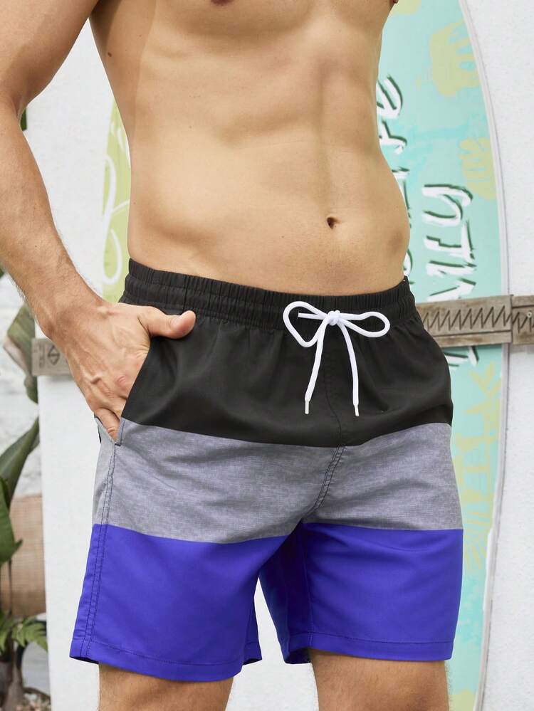 Men's Casual Drawstring Waist Loose Fit Color Block Beach Shorts (Tailored Cut)