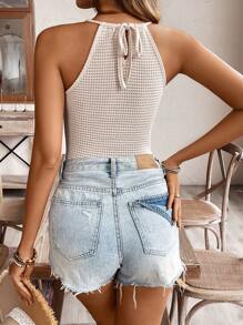 SHEIN Frenchy Women's Fall Casual Solid Color Lace Stitching Top, Fall Women Clothes, Fall Women Tops, Skinny Women Tank Top Summer - Apricot - View 2