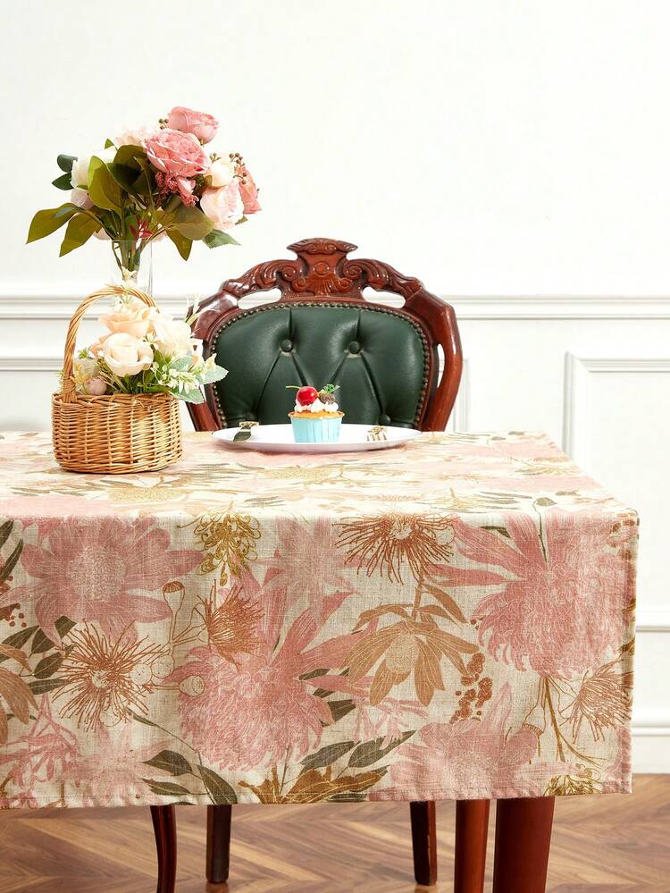 1pc Linen Textured Floral Print 170GSM Thicer Rectangle Tablecloth, Stain Resistant Table Cloth, Wrinkle Free Decorative Fabric Elegant Table Cover For Dining/Party/Buffet/Wedding