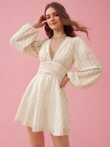 Enchnt Women's Yellow Summer Holiday Elegant Solid Color Lantern Sleeve Waist-Cinching Dress