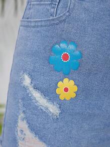 SHEIN Teen Girl Frayed Ripped Flower Pattern Tight Stretch Denim Shorts