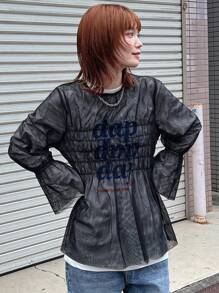 FRIFUL Women's Plain Simple Daily Mesh Top,Ruffle Long Sleeve Top - Black - View 5