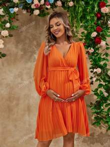 Joyfunear Lantern Sleeve Deep V-Neck Tie Waist Pleated Maternity Elegant Dress, For Party