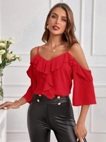 SHEIN Clasi 女士純色露肩荷葉邊彈性春季上衣 - 紅色 - 查看 5