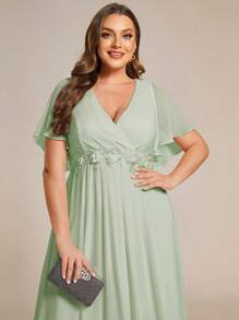 EVERPRETTY Elegant V-Neck Floral Applique Chiffon Dress With Ruffle Sleeves - Mint Green - View 5