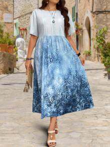 EMERY ROSE Plus Size Summer Contrast Floral Short Sleeve Dress