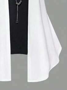 SHEIN LUNE 大尺碼女士夏季短袖V領休閒T恤，兩層設計 - 黑與白 - 查看 5