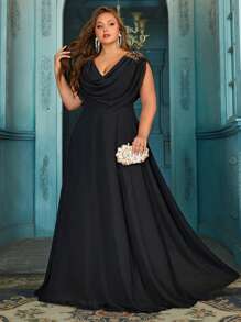 QOQ Simple Elegant Plus Size Summer Bridesmaid Gown Perfect Wedding Women Formal Dress For Wedding, Dinners, Beautiful Bridesmaids, Guest Solid Color Applique Plunge Neck Sleeveless Bridesmaid Long Dresses, For Valentine's Day - Black - View 3