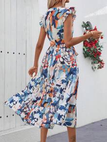 Đầm ngắn tay cổ chữ V in hoa, thắt eo, xếp ly, thích hợp cho nữ, kiểu dáng thường ngày, đi nghỉ mát, thanh lịch, thích hợp cho mùa hè. - Nhiều màu - Xem 2