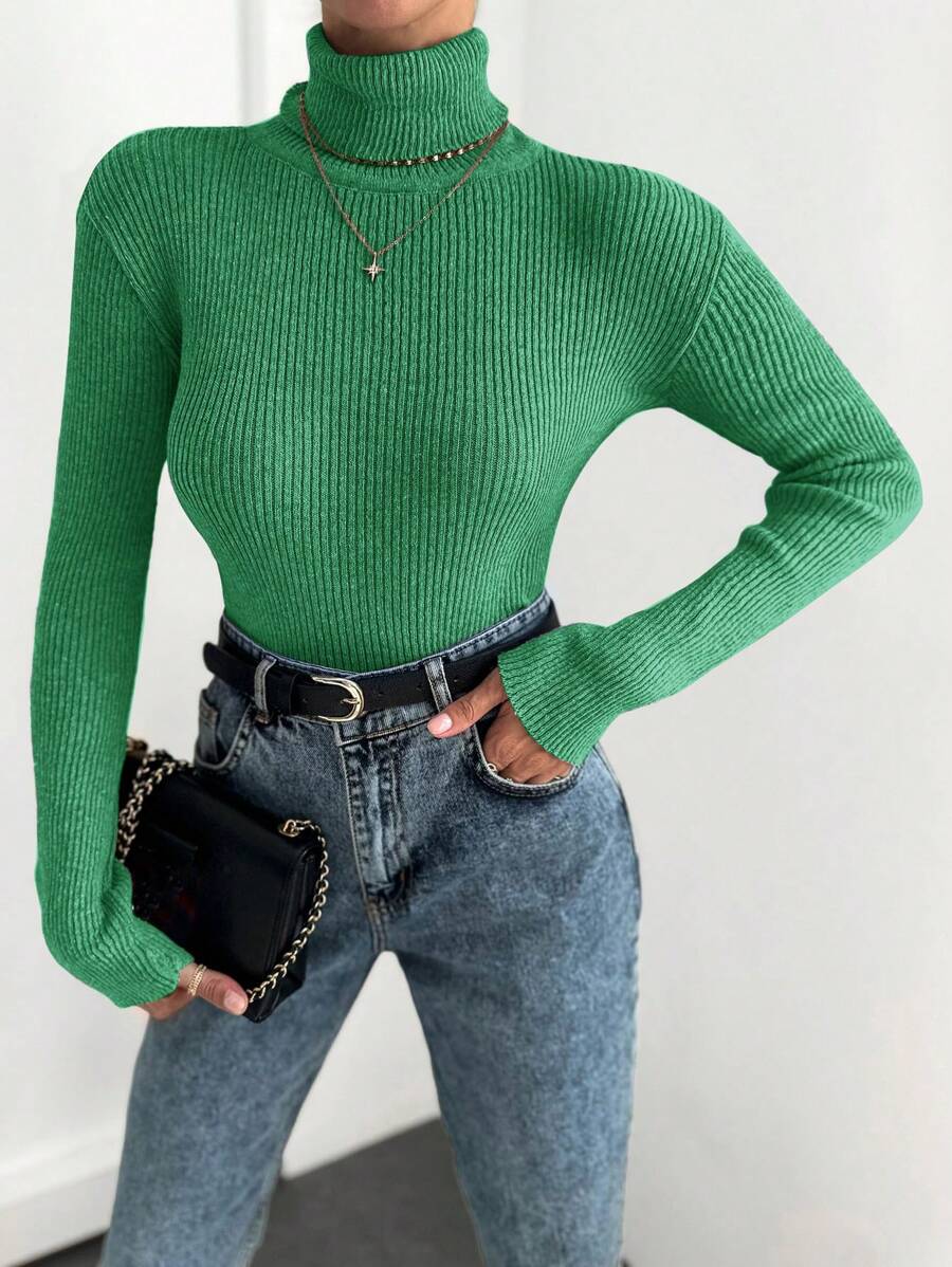 SHEIN Cottnline Turtleneck Ribbed Knit Jumper - Green - View 1