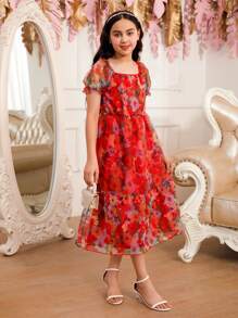 Tween Girl Elegant Floral Allover Print Waist-Cinching Puff Sleeve Dress, Summer - Red - View 4