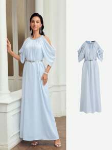 MOTF PREMIUM SOLID COLD SHOULDER FOLD PLEATED DRESS WITH BELT