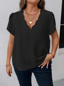 Vionelle 大尺碼女士夏季純色寬鬆花瓣短袖襯衫，曲線下擺V領 - 黑色 - 查看 3