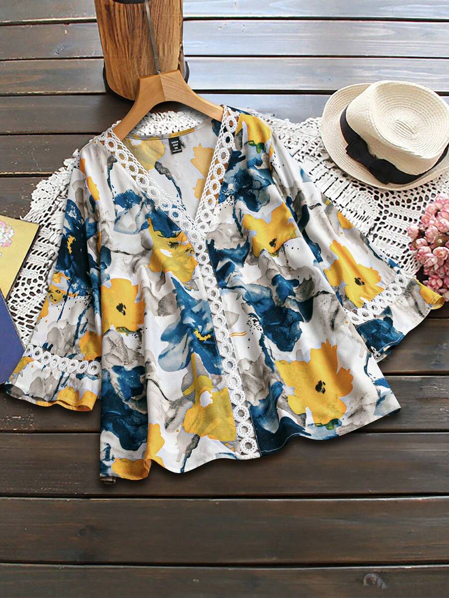 Mulvari Plus Size Vacation Leisure Lace Shirt With Floral Print Patchwork - White - View 1