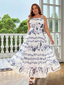 Celure Plus Size Elegant Spaghetti Strap Chiffon Floral Printed Dress With Big Hem For Summer