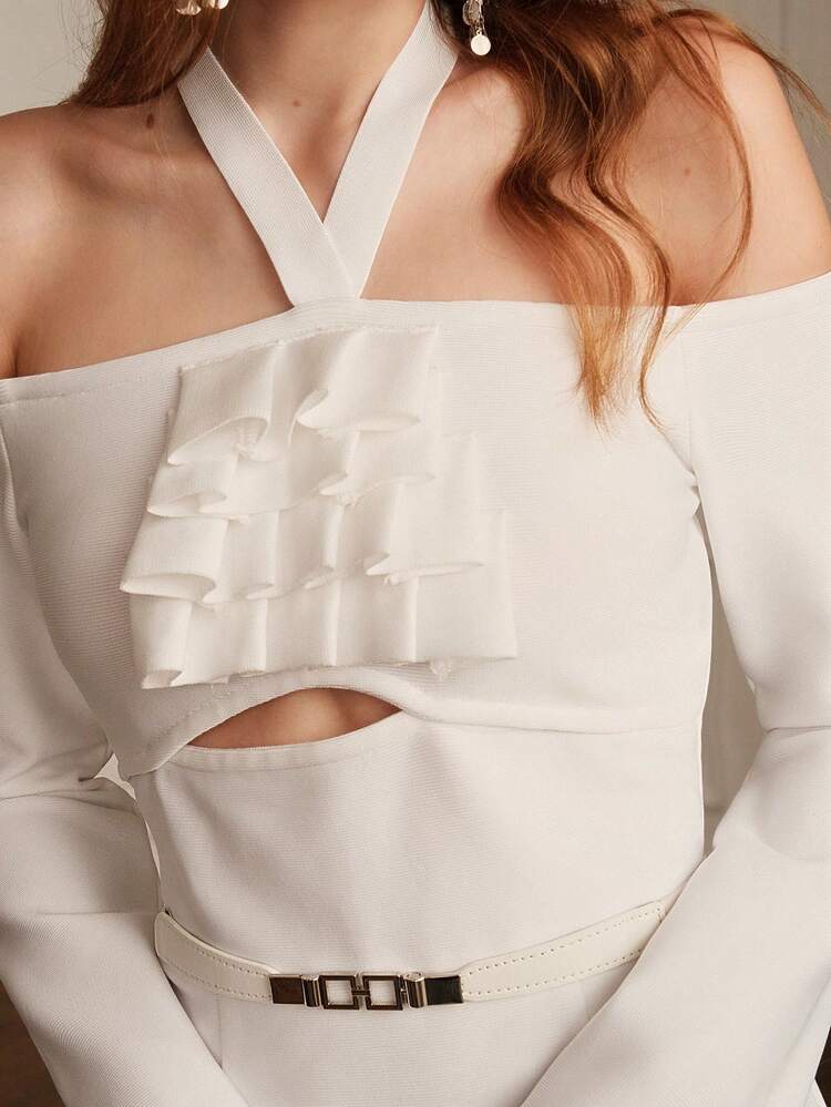 White Elegant Off-Shoulder Lace Trimmed Bodycon Dress