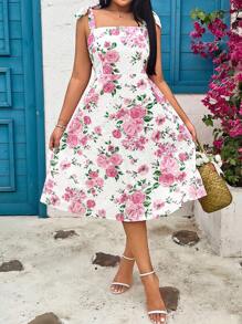 Flirla Vestido con nudo en el hombro de talla grande para mujer con estampado floral elegante para vacaciones - Blanco - Ver 4
