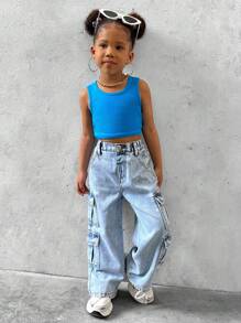 SHEIN Young Girl Fashionable Casual Workwear Style Denim Jeans, Multi-Pocketed And Washed Straight-Legged Jeans - Medium Wash - View 3