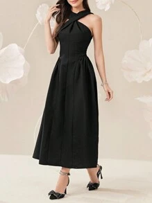 Modelyn Women's Summer Solid Color Cross Twist Knee-Length Sleeveless Elegant Dress