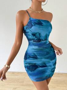 Chiquease 25+ Sexy One Shoulder Ruched Sheer Mesh Bodycon Mini Dress For Holiday - Multicolor - View 1