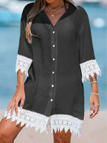 Women's Contrast Lace Patchwork Simple V-Neck Camisole Top - Black - View 1