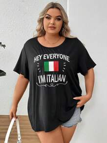 SHEIN CURVE+ Áo thun đen rộng rãi cỡ lớn có in hình cờ và khẩu hiệu - màu đen - Xem 6