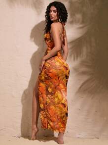 Opulessa Knitted Mesh See-Through Halterneck Backless Slit Thigh Women's Sexy Dress, Ideal For Vacation,Bachelorette Dress, Fall Women Clothes - Multicolor - View 2