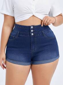 SHEIN EZwear Plus Size Women's Fashionable Denim Stretchy High Waist Design Sexy Folded Hem Shorts - Blue - View 3