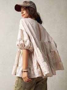 Bohemela Loose Puff Sleeve Women Vacation Shirt - Khaki - View 4