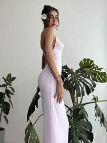 Aloruh Romantic Date/Music Festival/Party Long Tight Mesh Pink Solid Color Women's Dress With Spaghetti Straps And Backless Design - Pink - View 6