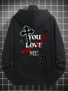 Cross & Letter Print Hooded Sweatshirt For Men, Streetwear Fashion - Black - View 2