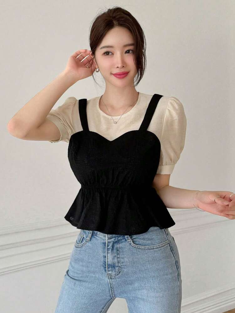 Women's Summer Casual Color-Block Puff Sleeve 2 In 1 Shirt