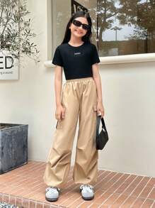 SHEIN Tween Girl Casual Round Neck Letter Printed T-Shirt With Patchwork   Cargo Pants Two-Piece Set - Black - View 6