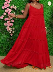夏日假期適用大碼單色綁帶連身裙 - 紅色 - 查看 1
