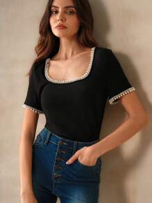 Anewsta Casual And Simple Women's Black Short-Sleeved T-Shirt With Pearl And Rhinestone Decorated U-Neck Collar