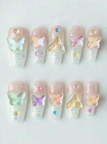 ROMWE Kawaii 10入組可愛蝴蝶手工假指甲+ 3入組雙面膠貼片，可拆卸Y2K彩色手繪美甲貼紙，高品質閃爍漸變指甲美甲貼，適用於節日、派對、舞蹈和日常穿著 - 彩色 - 查看 1