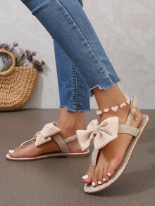 Sandalias planas beige para mujer, de moda y cómodas con lazo y cuentas de perlas, lindo y versátil, ideales para vacaciones - Beis - Ver 5