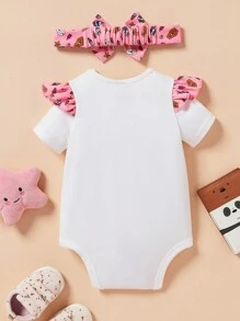 We Bare Bears X SHEIN Bộ đồ liền thân trang trí xếp nếp xếp nếp thời trang thông thường dành cho bé gái, hình gấu hoạt hình dễ thương in chữ tương phản, băng đô thắt nơ dễ thương, bộ đồ liền thân cho mùa xuân và mùa hè - Nhiều màu - Xem 2