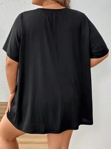 SHEIN CURVE+ Áo thun đen rộng rãi cỡ lớn có in hình cờ và khẩu hiệu - màu đen - Xem 2