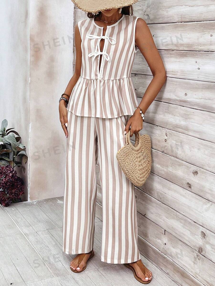 Breezaya Conjunto de dos piezas de chaleco y pantalón largo a rayas con bloques de color, ideal para vacaciones y tiempo libre