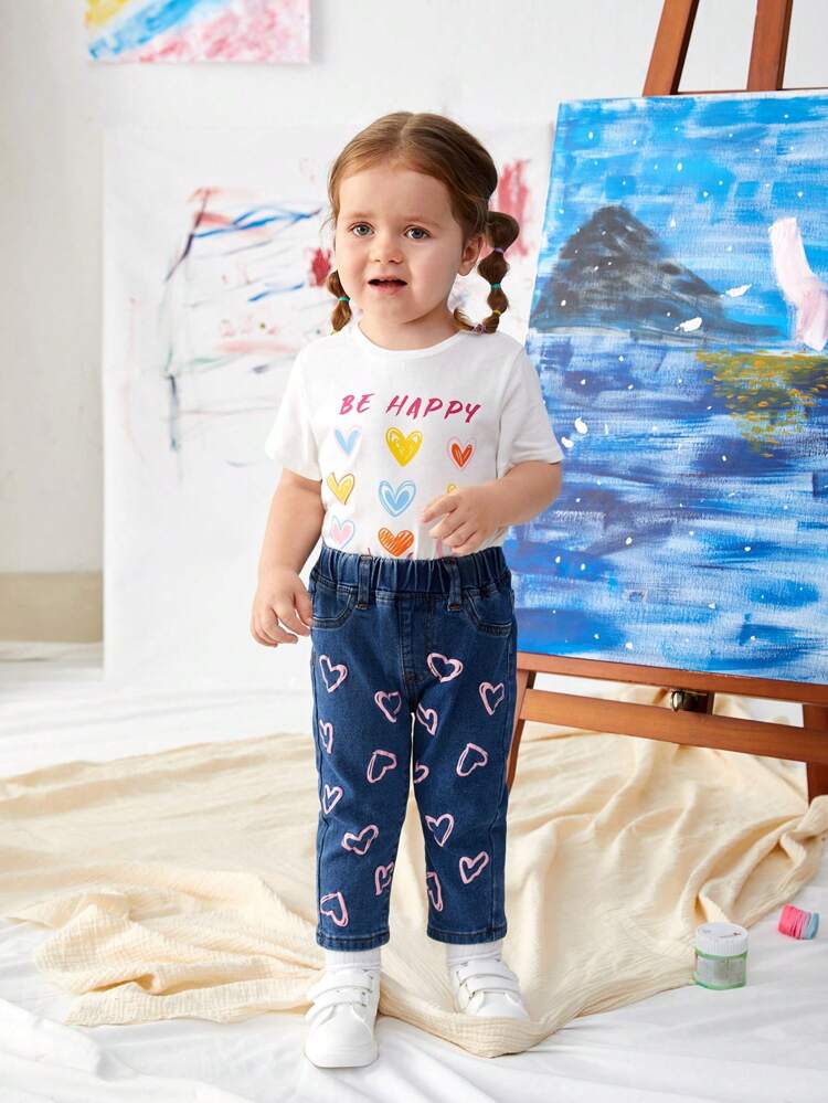 Baby Girl Casual Cute Pink Heart Printed Fully Elastic Jeans